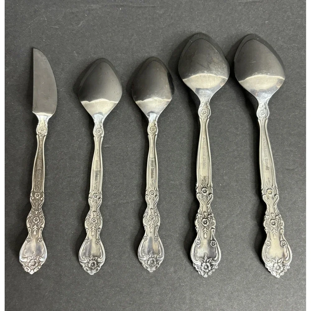National Stainless New Rose 5 Pieces 2 Teaspoons 2 Oval Soup Spoons 1 Knife